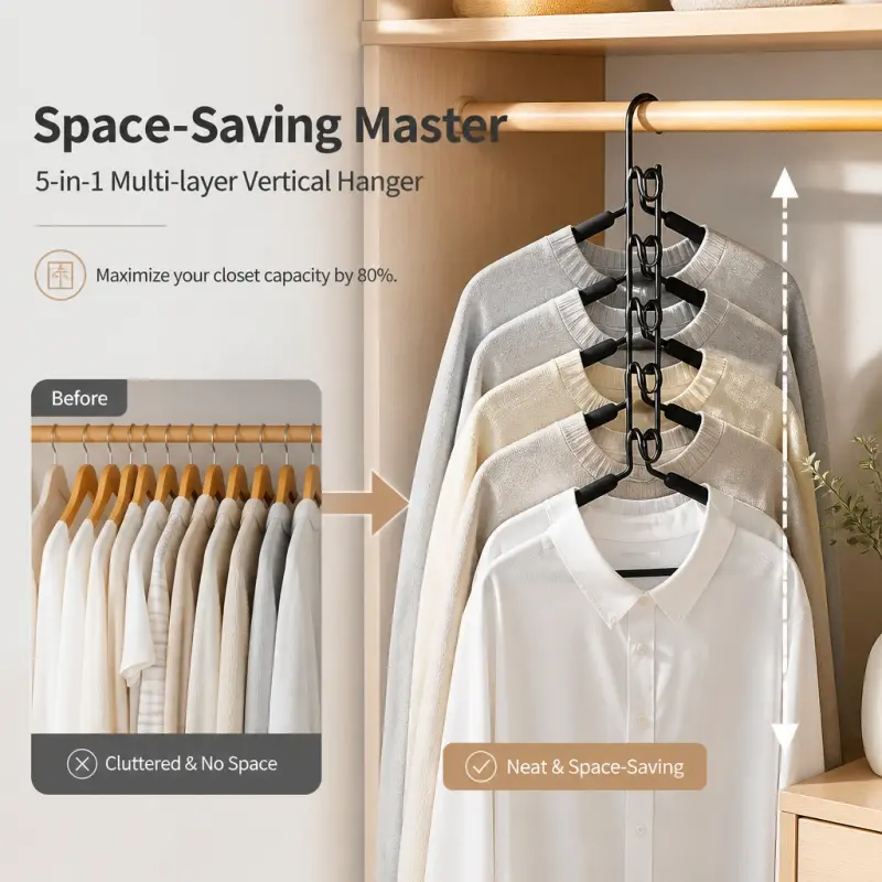 5-in-1 Multi-layer Vertical Hanger, sturdy load-bearing, space-saving and Closet Hanger Organizer. Great for organizing shirts, trousers and women's tops in wardrobes.