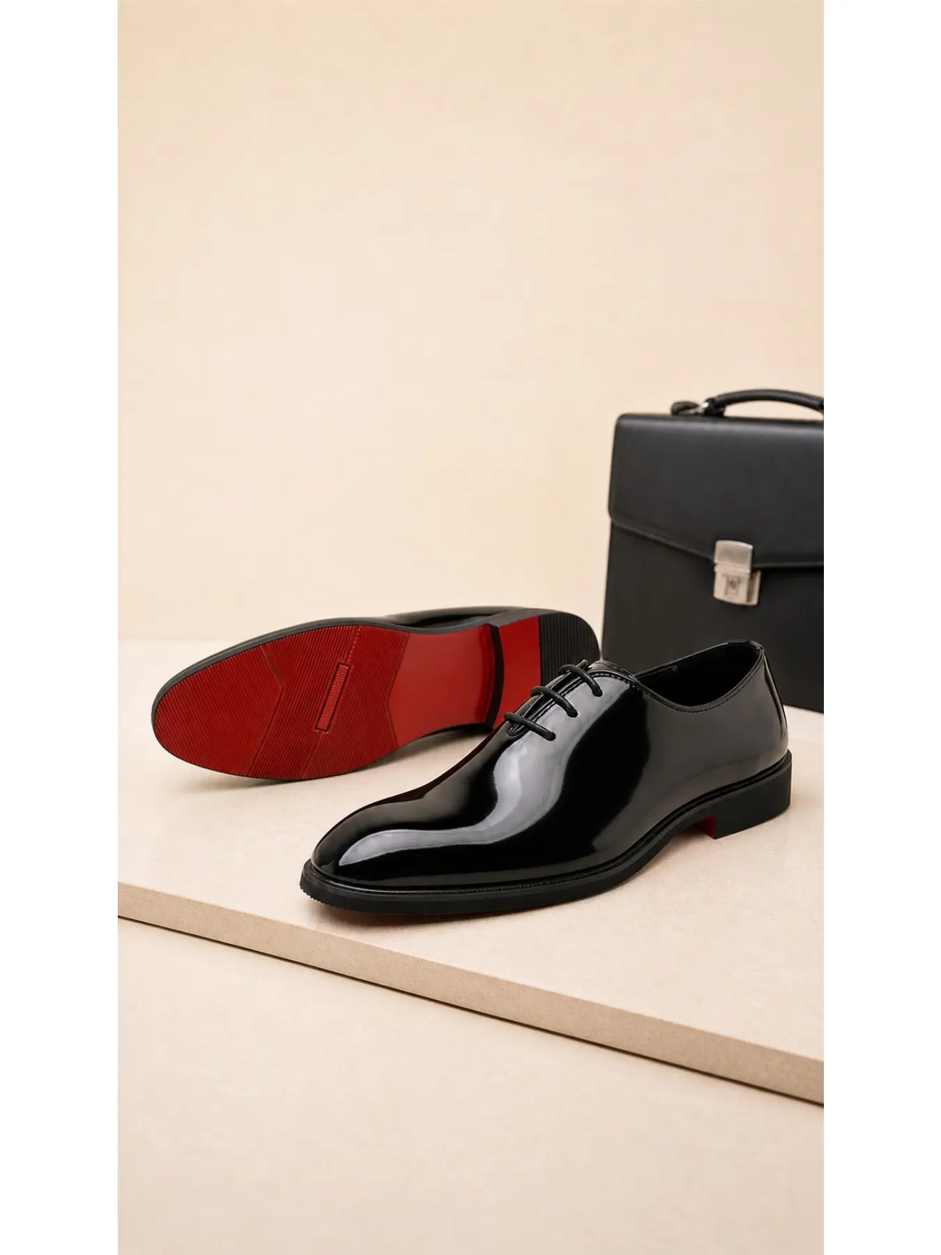 Red Sole Men’s Shoes Glossy Black Patent Lace-Up Dress Shoes, 3-Eyelet Plain Toe Formal Shoes with Red Sole for Wedding, Business, Office & Party