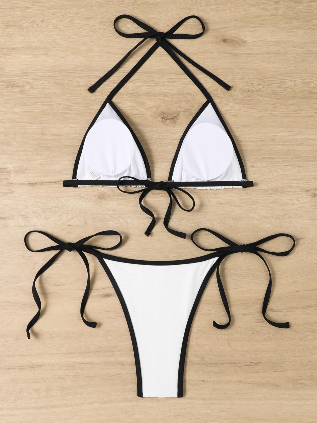 Two-Piece Set Women's Boho Contrast Binding Bikini Swimsuit, Halter Neck Tie Back Triangle Swim Bra & Tie Side Swim Bottom, Gothic Bikini, Tie Back Bikinis, Back To School Ladies Summer Swimwear for Beach Holiday Vacation