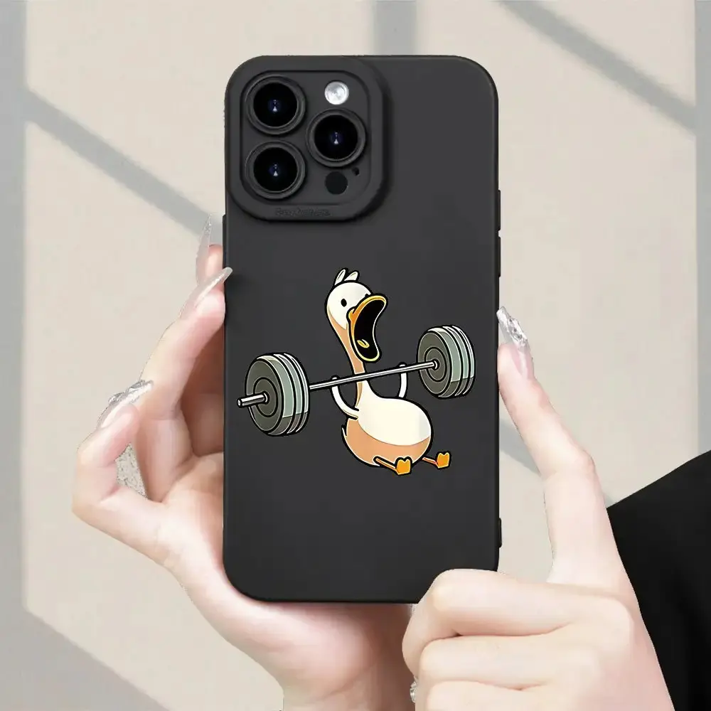 Funny Meme Solid Black Screaming Barbell Lifting Duck Phone Case, Matte High Bumper Shockproof Full Wrap Lens TPU Cover Hilarious Fitness Workout Cartoon Print Case for iPhone 17,17E, 16, 15, 14, 13, 12, 11 Pro Max