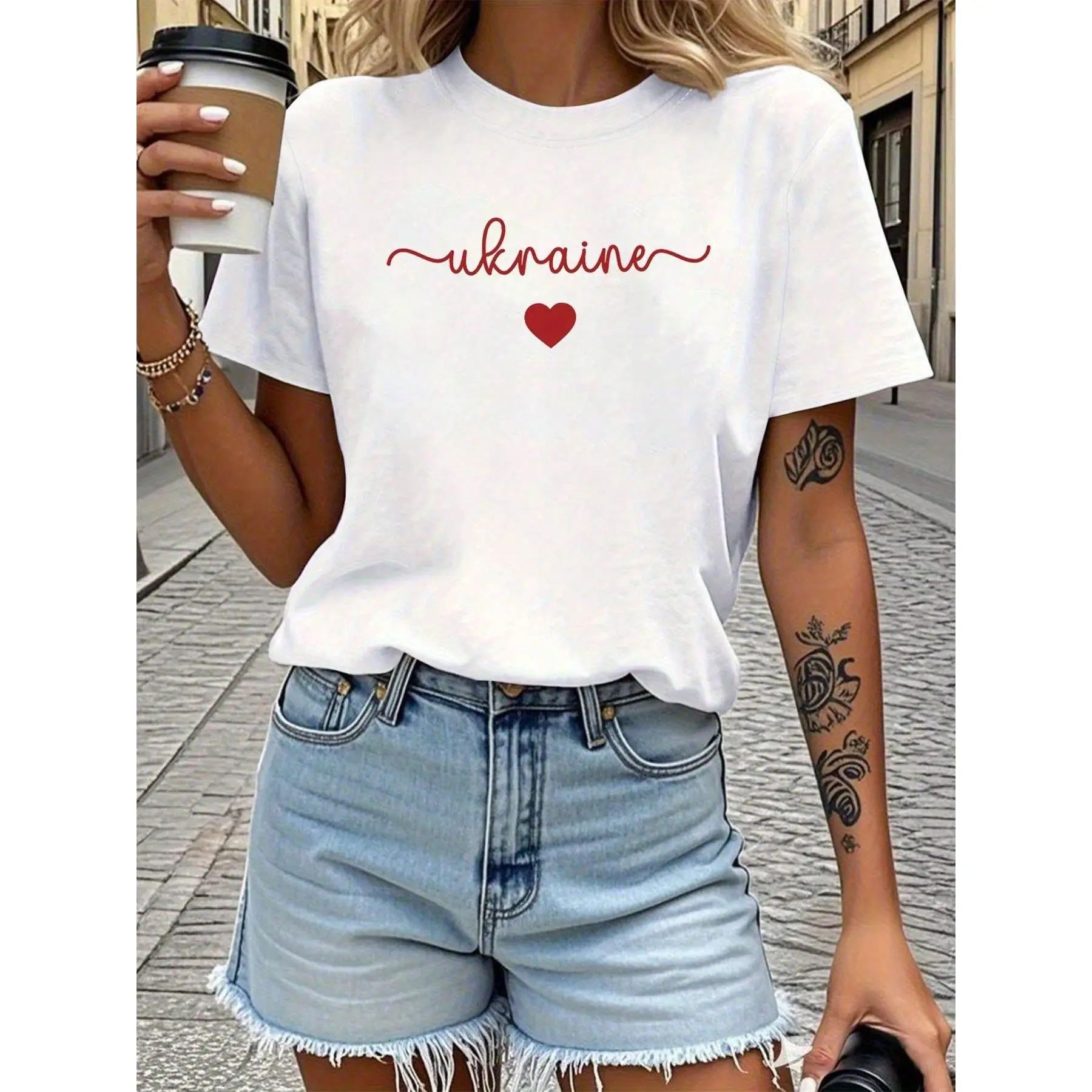 Women's Summer Vacation T-Shirt Ukraine Patriotic Pride Heart Letter Print Women's Round Neck Spring Summer T-Shirt Top For Women