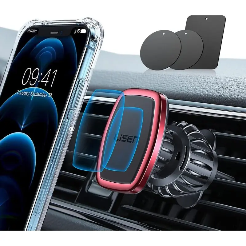 LISEN Magnetic Phone Holder for Car Upgraded Clip Ultra Car Phone Holder 6 Strong Magnets Cell Phone Holder Car Magnetic Case Friendly Phone Car Holder Mount for 4-6.7 inch Smartphones (Red)
