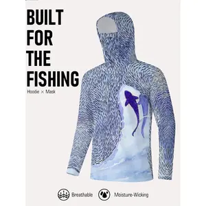 [New] Men's outdoor fishing hooded face mask long-sleeved sportswear, fashionable fish school shark pattern fishing top sun protection hoodie athletic fit