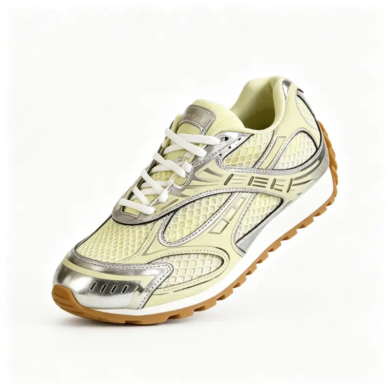 Pale Yellow Silver Metallic Mesh Retro Lace Up Sneakers Unisex Gum Sole Casual Running Trainers Keywords: lightweight treaded gum sole sneakers, summer breathable vintage athletic shoes