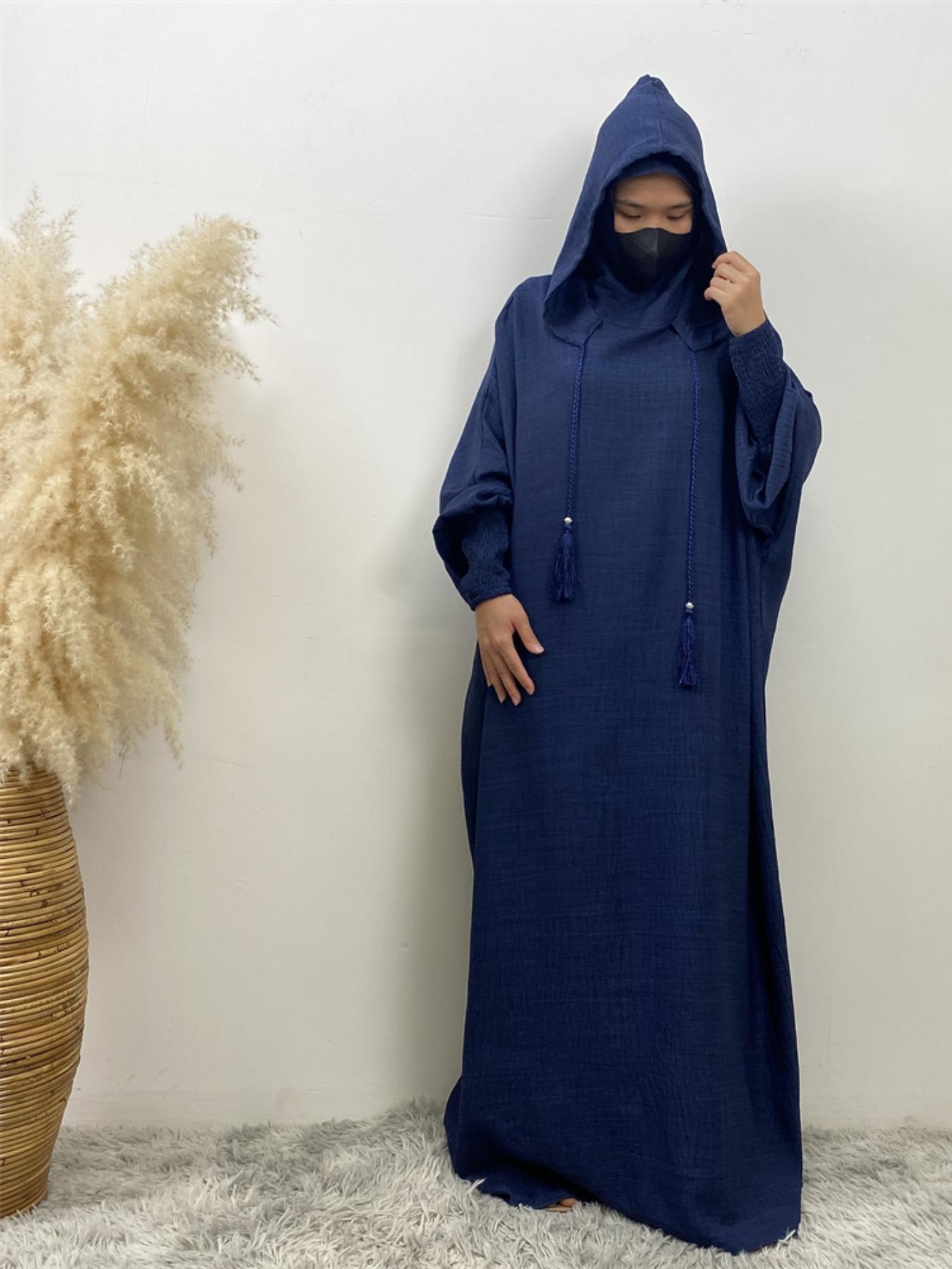 Women's Solid Color Batwing Sleeve Drawstring Hooded Dress, Casual Long Sleeve Shirred Cuff Long Dress for Spring & Fall, Women's Islamic Clothing for Daily Wear, Hooded Arabian Dress