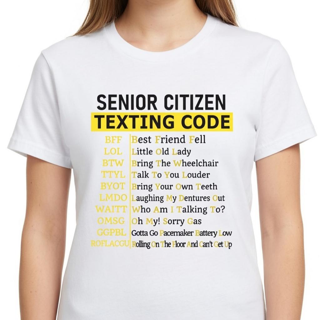 Senior Citizen Texting Code T-Shirt, Funny Grandparents Text Message Graphic Tee, Humorous Retired Life Short Sleeve Apparel, Aesthetic Silver Surfer & BFF Gift Fashion Top, Viral Trendy Yellow Logo Statement Streetwear Shirt