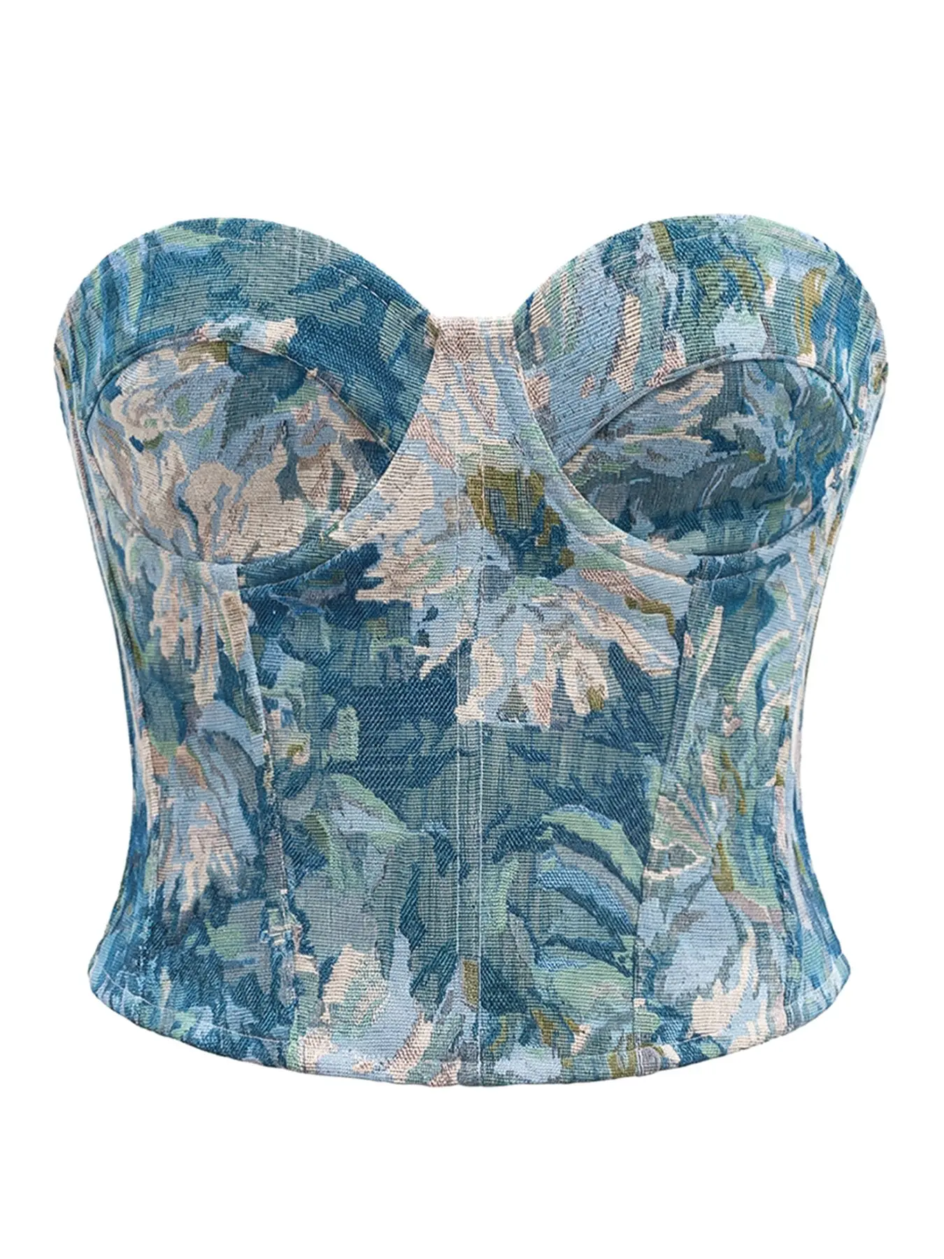 Blue Tone Floral Jacquard Corset Bra, Corset Shapewear, Strapless Lace-Up Design, Waist Cinching, Hip Enhancement, All-Seasons Fashion Top, Body Shaper Tops