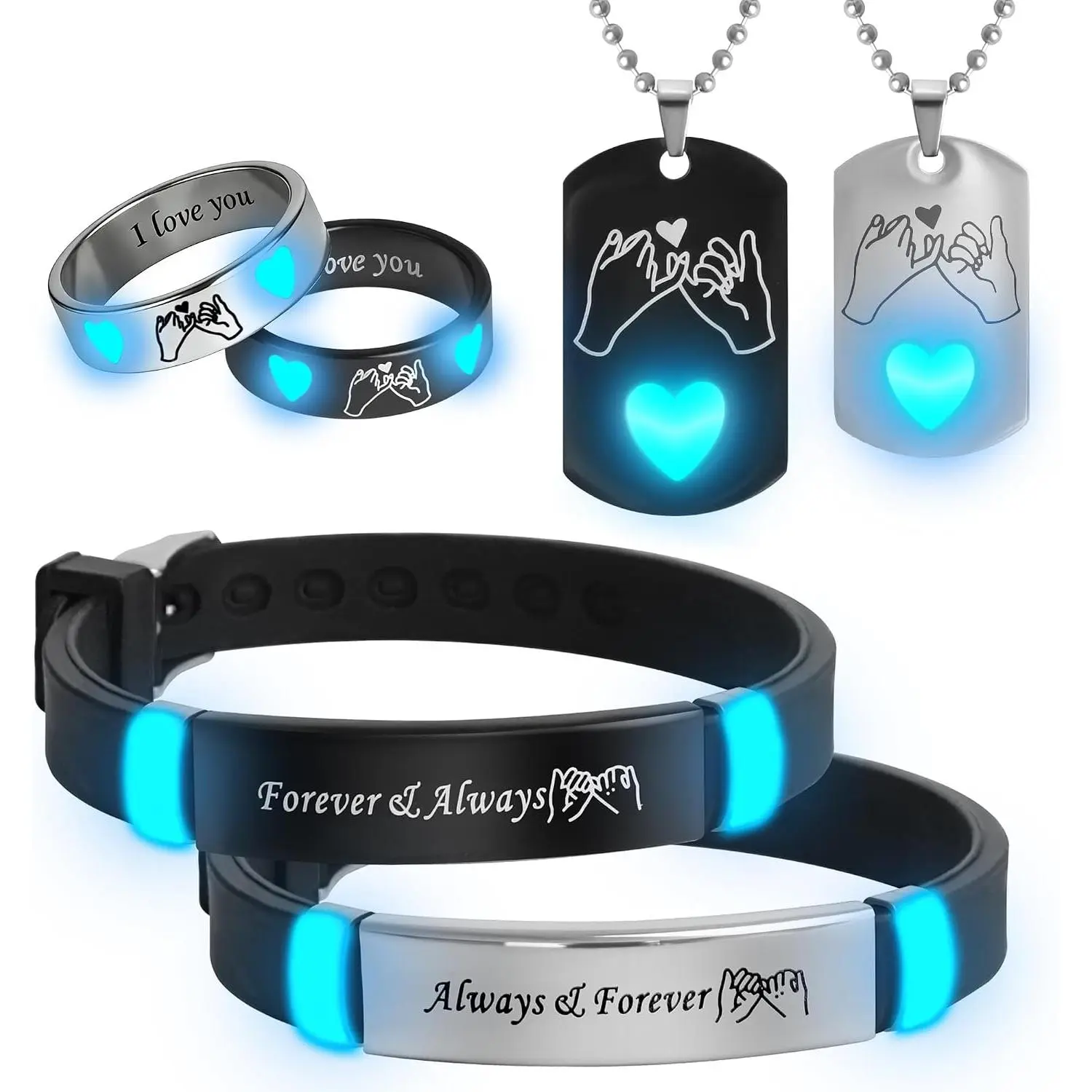 6/Pcs Set Glowing Heart Hand in Hand Stainless Steel Matching Couple Necklaces,Bracelets and Rings, Fashion Love , Romantic Accessories