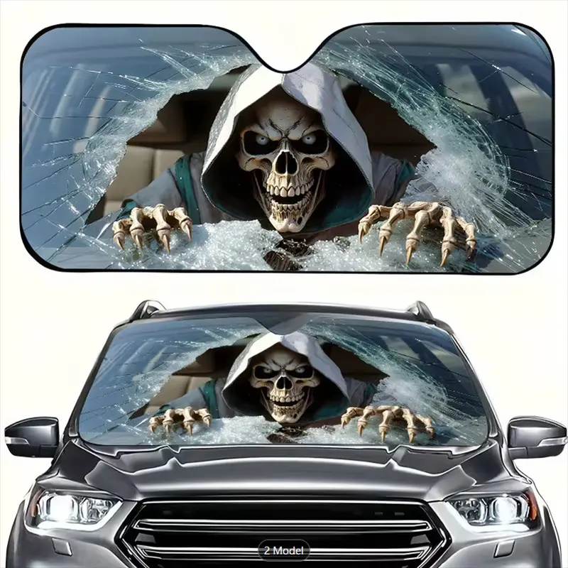 Scary Skull Head Design Car Sun Shade Windshield, Sun Reflector Visor Protector Foldable Design Front Window Cover Universal Fit Cars, Trucks & SUVs Car Sunshade