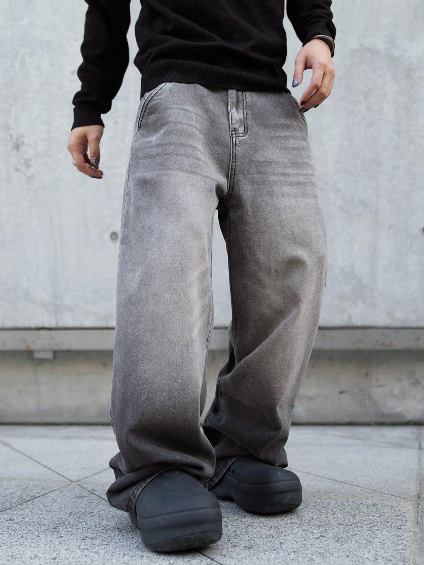 Men's Stylish Loose Wide Leg Denim Streetwear Pants, Side Pockets Denim Trousers for Daily Wear, Casual Street Wear Pocket Design Jeans for All Seasons