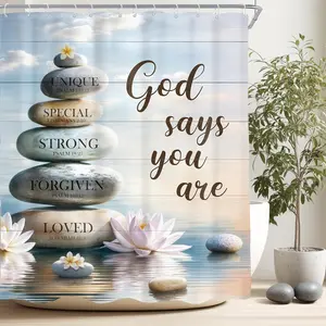 Zen Stone Bible Verse Shower Curtain, Motivational Quotes Scripture Spa Positive Meditation Relaxing Lotus Cloth Fabric Waterproof Polyester Bathroom Decor Set with Hook