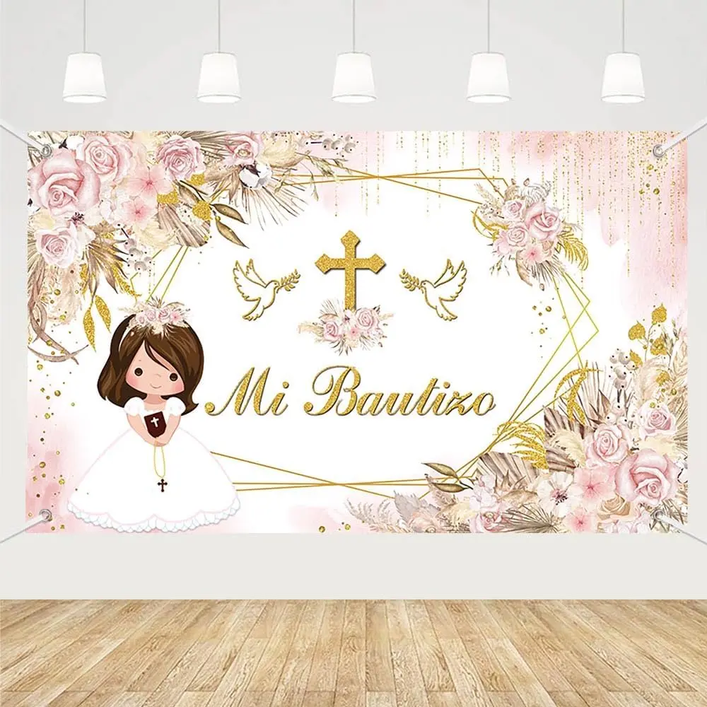 6x3.6ft Mi Bautizo Backdrop for Girl  Floral First Holy Communion Photo Background Golden  Mi  Comunión Decor Geometric Figure Pigeon God Bless Party Banner Photo Supplies