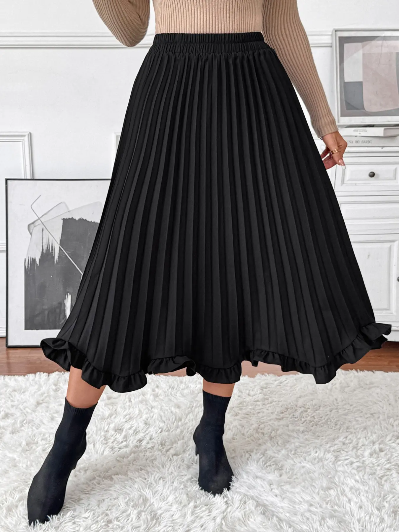 Vintage Casual Pleated Midi Skirt, Elastic Waist Ruffle Hem, Pure Women's Fall Winter Skirt, Perfect for Vacation and Streetwear