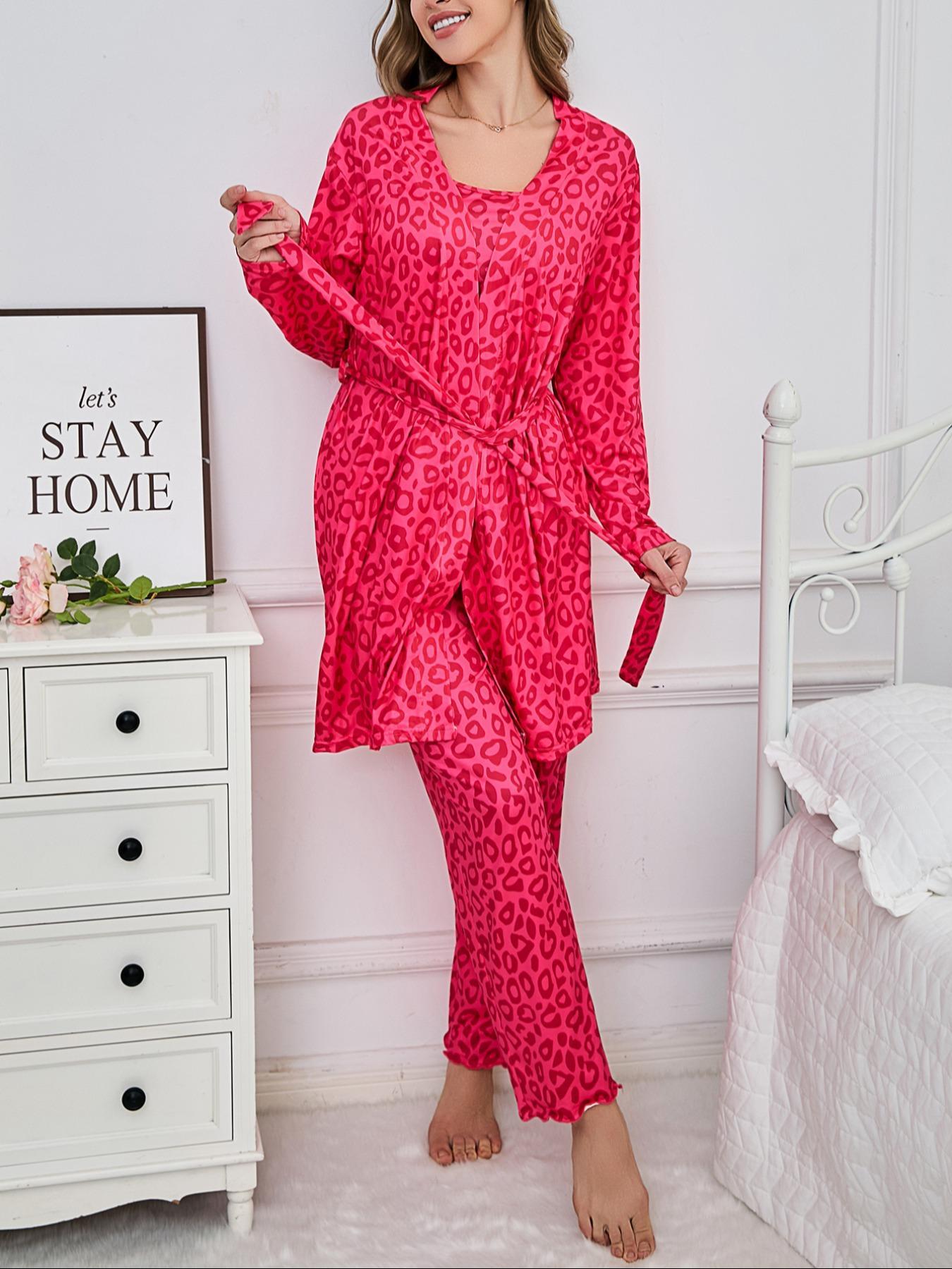 Women's All Over Leopard Print Long Sleeve Pajama Pyjamas Three-Piece Set, Casual Comfy Lounge Nightwear Set for Women, Comfy Loungewear Set for Daily Home Wear