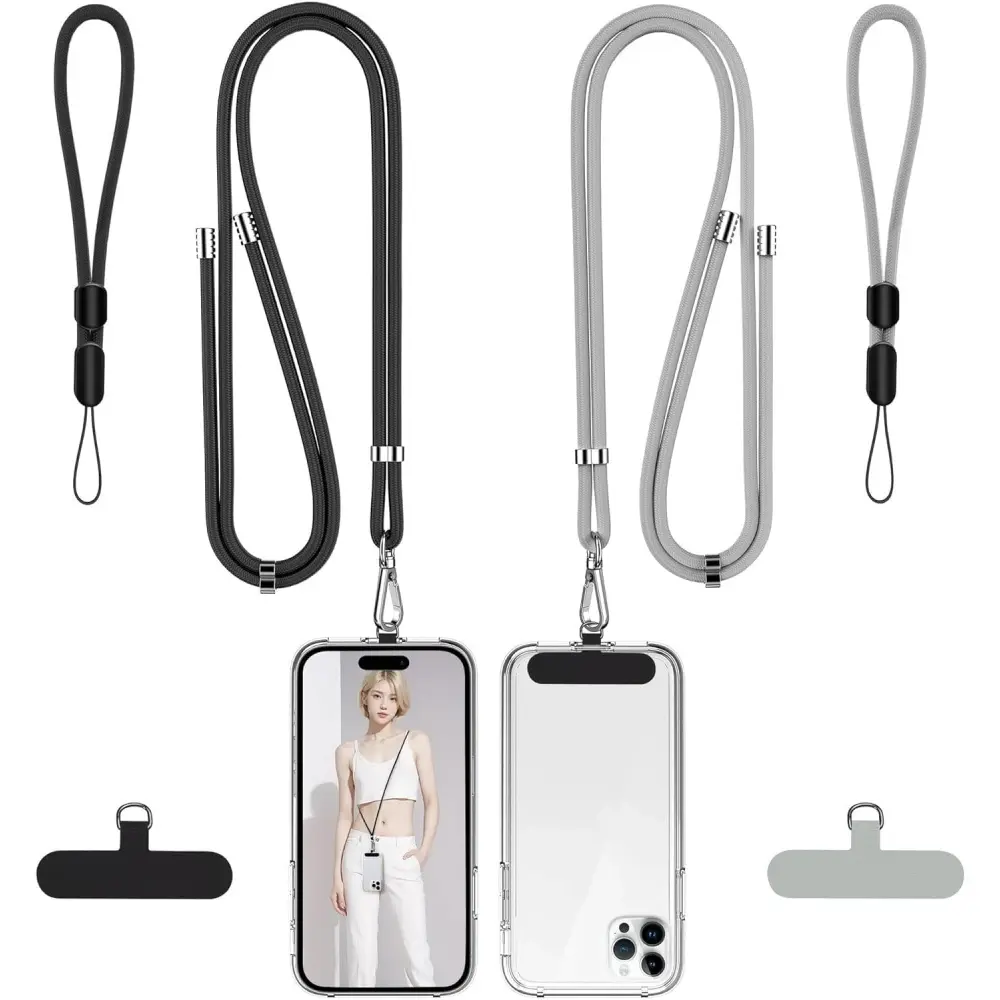 Phone Lanyard, 2 Pack Adjustable Cell Phone Lanyard Crossbody Neck Strap & 2 Pack Phone Wrist Strap with 2 Pcs Tether Tabs Compatible for iPhone Android Smartphones-Black Grey