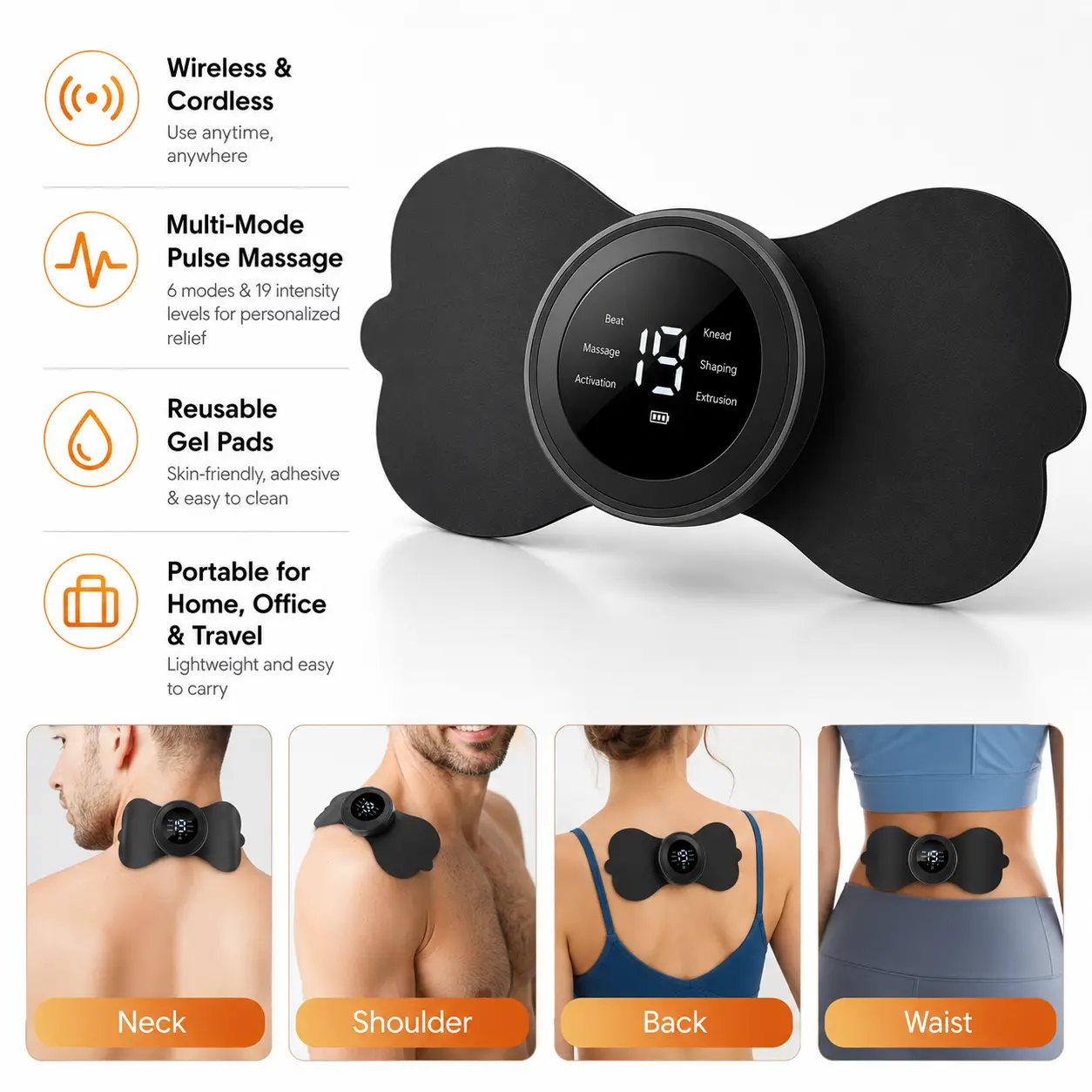 Wireless Multi-Mode Pulse Massage Patch with Reusable Gel Pads, Portable Cordless Muscle Relaxation Massager for Neck, Shoulders, Upper and Lower Back, Everyday Home, Office and Travel Use