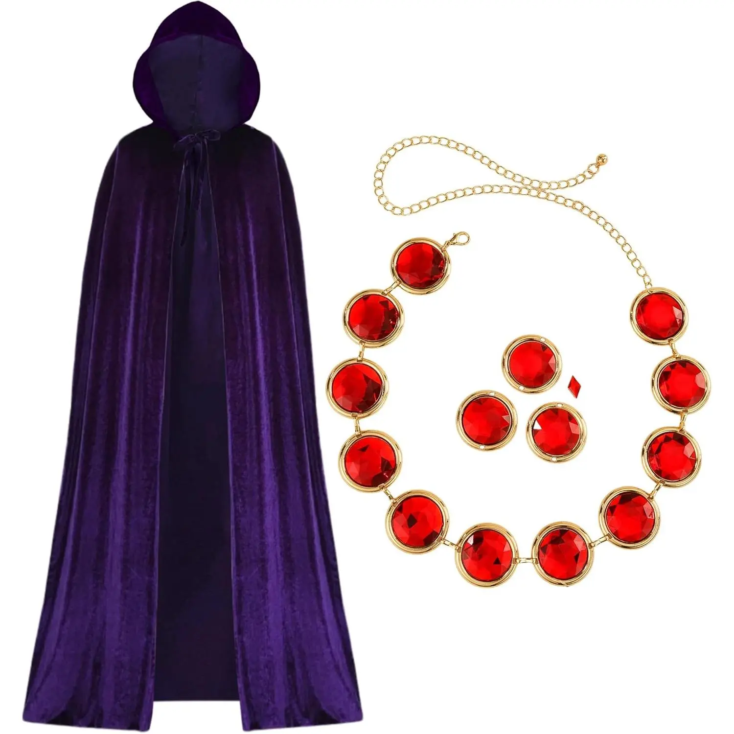 Purple Cape with Red Gem Waist Belt, Purple Cloak with Hood Anime Cosplay Halloween Costume Accessories for Women