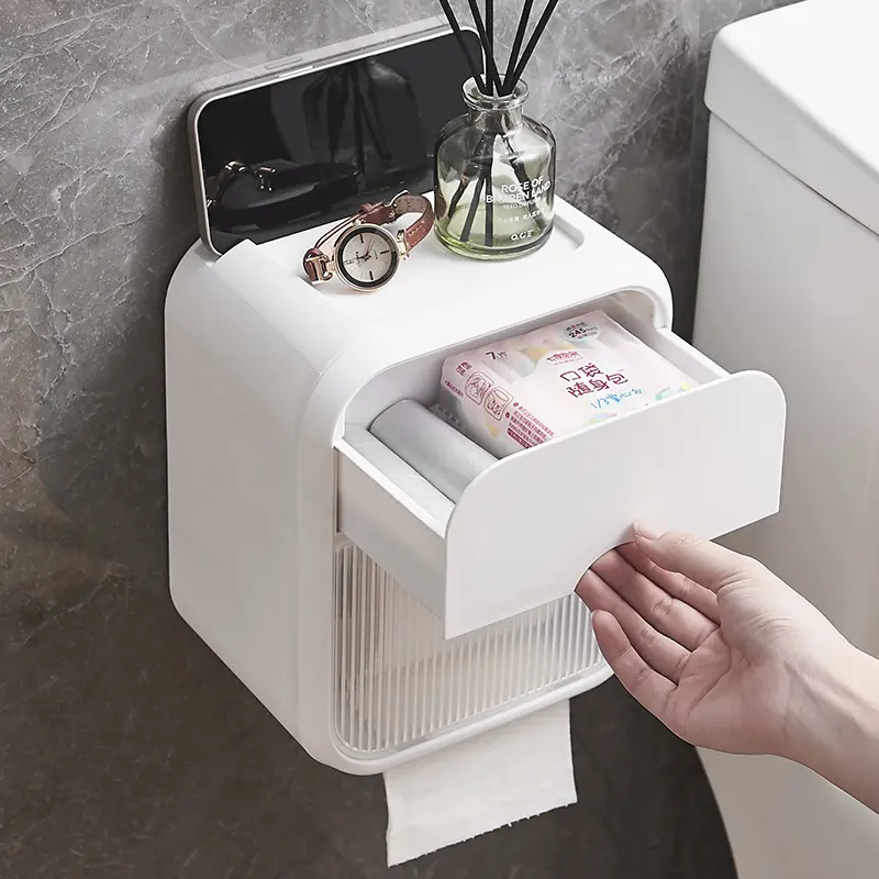 Wall Mounted Toilet Paper Holder with Storage Drawer & Phone Shelf, Multifunctional Bathroom Tissue Roll Organizer, No Drill Wall Mount Restroom Storage Box