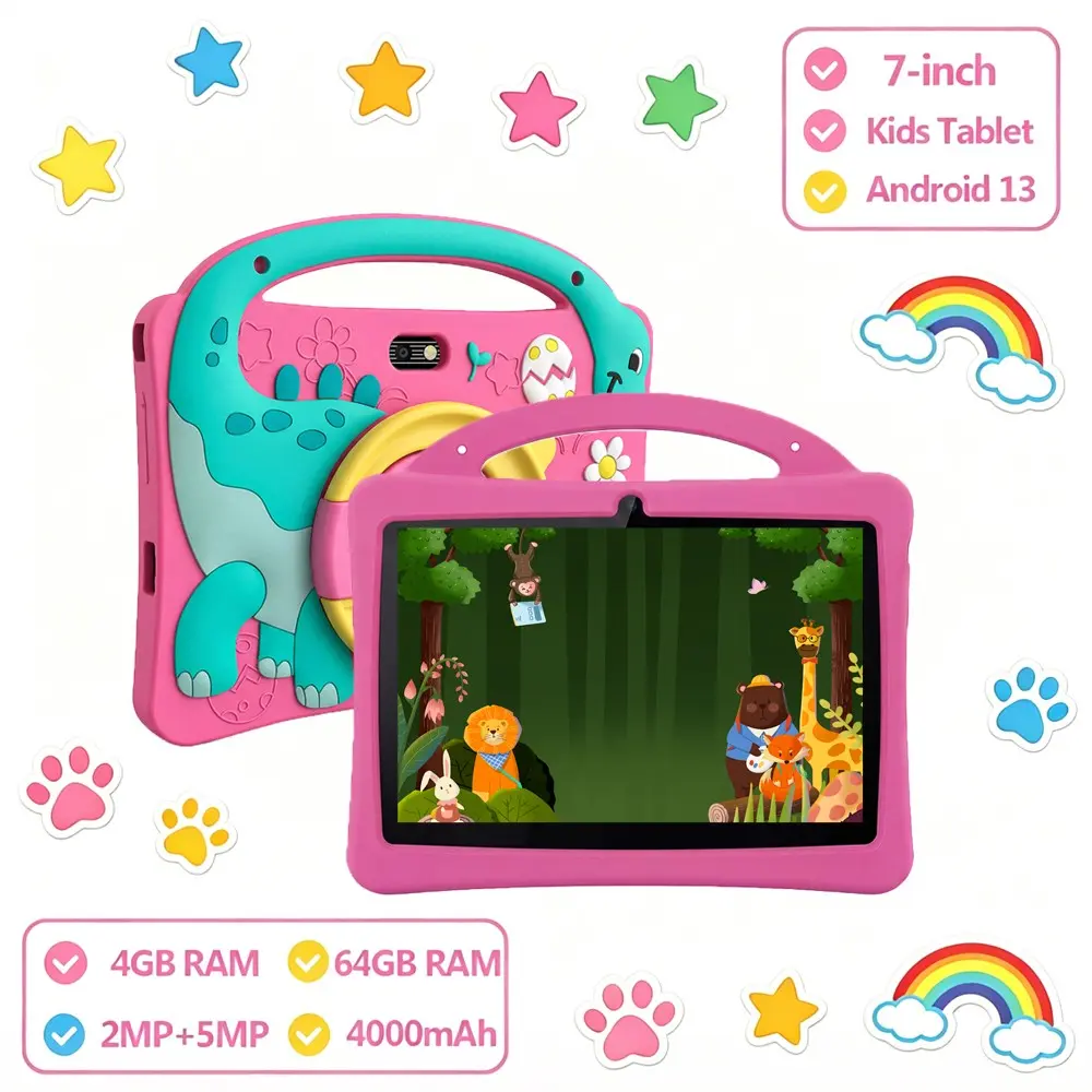 7-inch children's tablet computer Android 13 4GB RAM 64GB ROM supports WIFI function Bluetooth function Q version cute dinosaur silicone cover portable silicone protective cover can support parents to control pre installed educational learning software