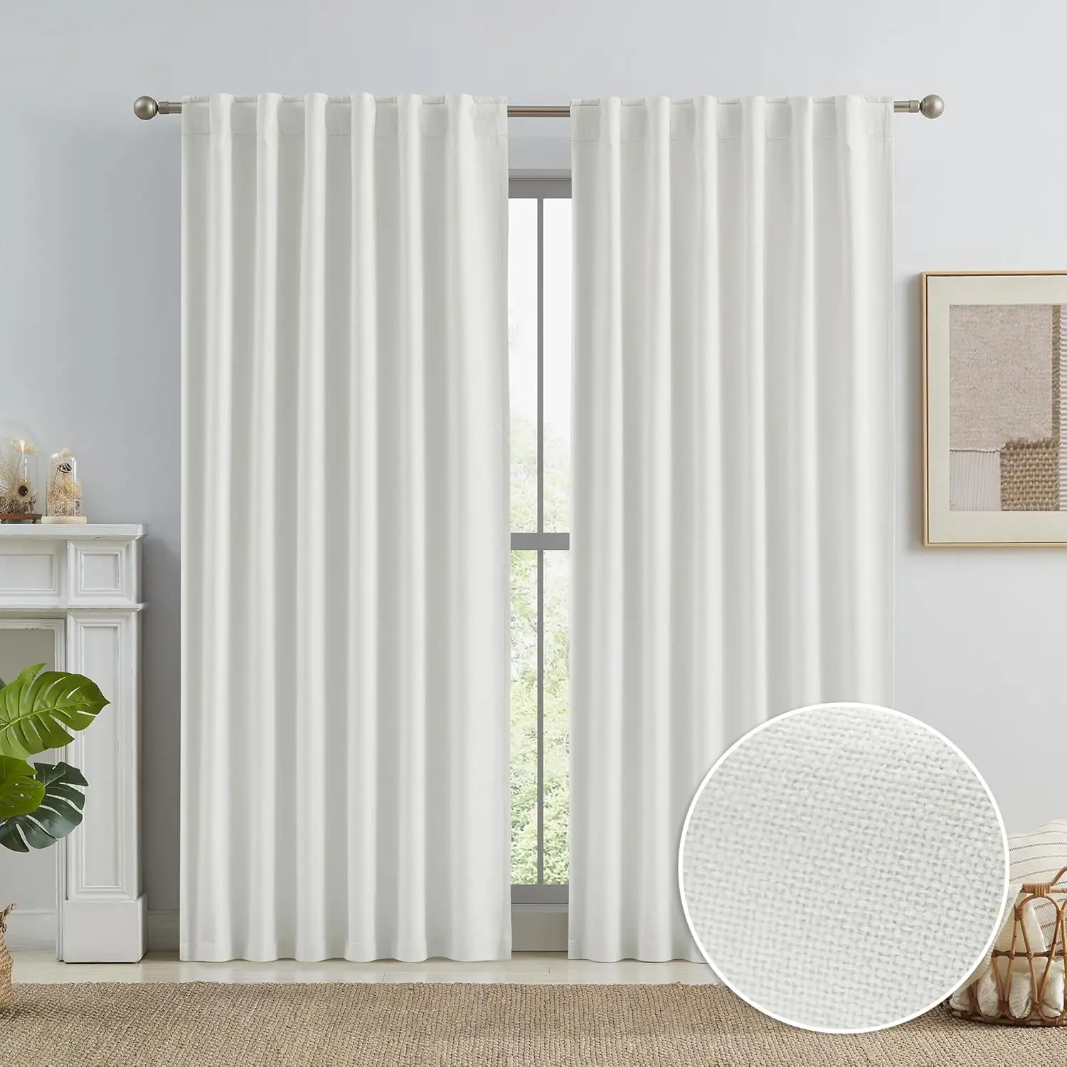 90 Inch Linen Textured Blackout Curtains 2 Panels, Rod Pocket/Back Tab/Hook Belt Thermal Insulated Drapes for Bedroom Living Room, Ivory, 50x90