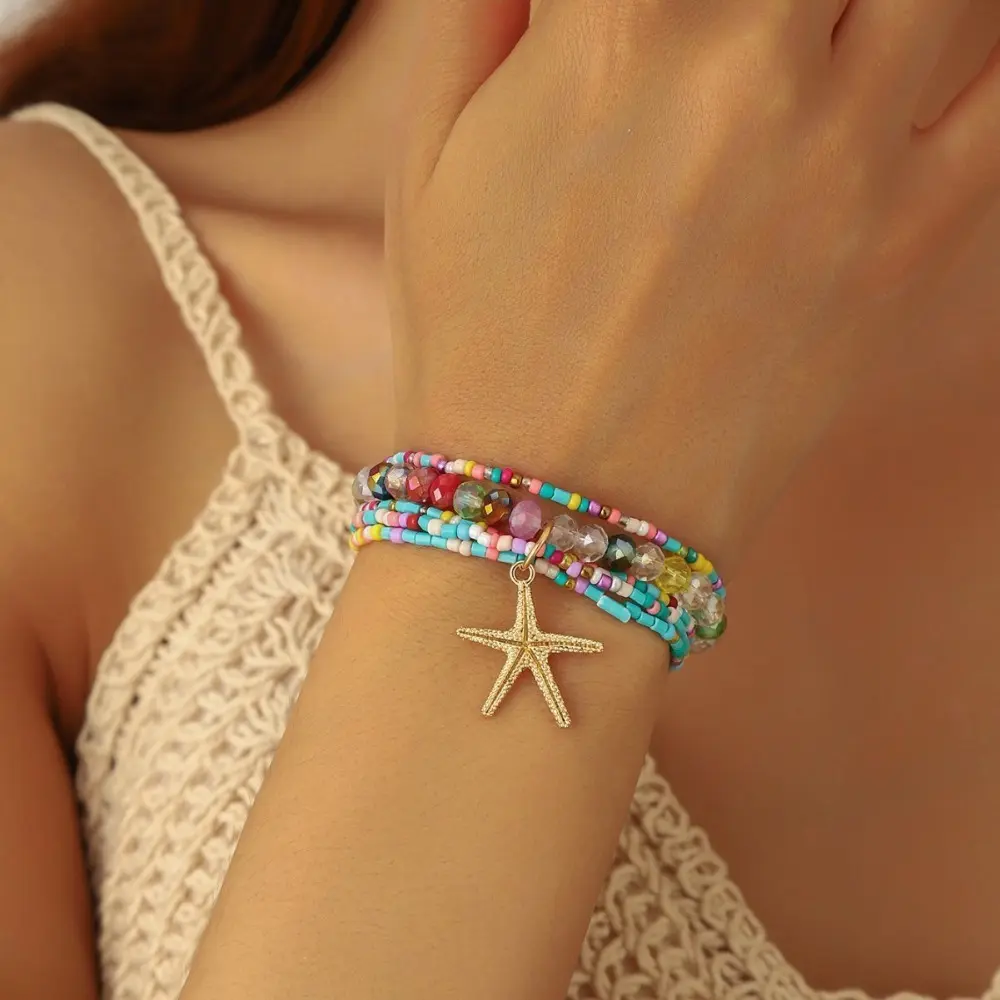 Boho Multi-layered Bracelet Set for Women, Colorful Seed Beads with Ocean-Themed Leaf Charms, Adjustable Size