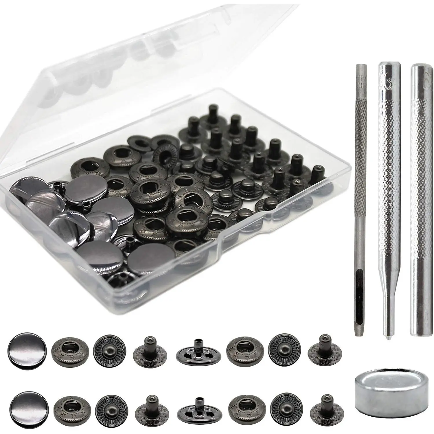 12-piece leather snap fastener kit, 15mm metal snap fastener kit, comes with 4 installation tools, rivets and snaps, suitable for clothing, jeans, jackets, bracelets, bags (black)
