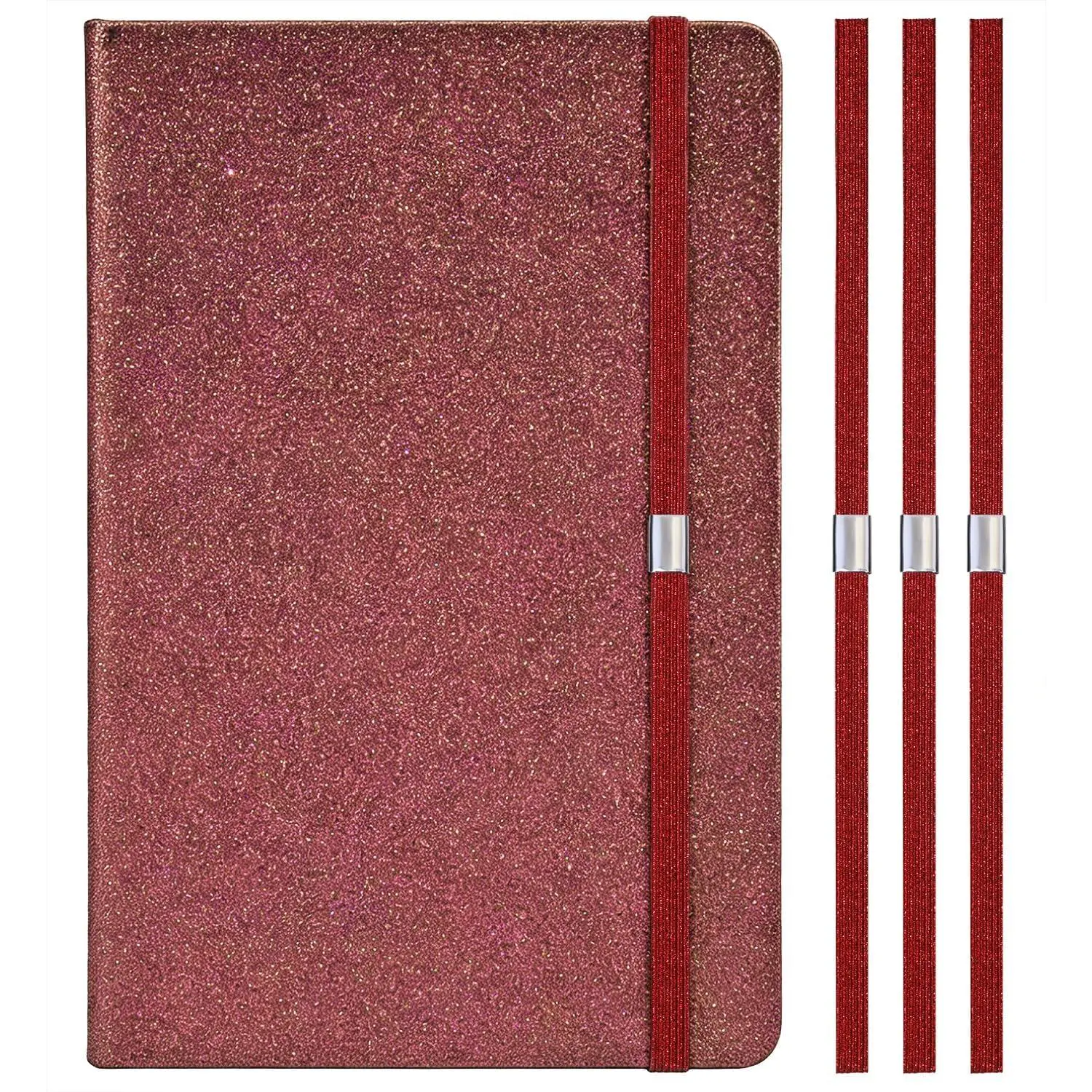 Elastic Planner Bands Book Page Markers for Hardcover Journal Notebook Book Lovers- Stretchy Closure Reading Straps, Fit Notebooks from 8" to 11” in Height, Pack of 4 (Glitter Red)