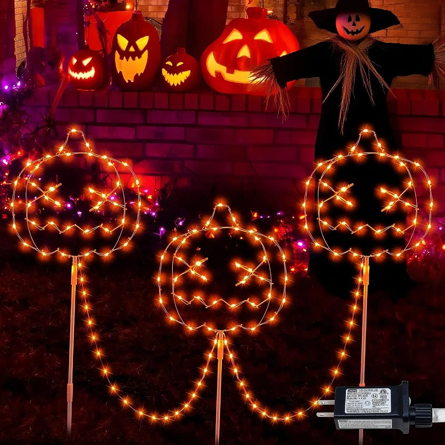 3PACK Halloween Walkway Lights, Pumpkin Stake Lights Plug in | Orange Pumpkin Lights with IP44 , 8 Modes for Halloween Outdoor Decorations, Garden, Yard, Pathway, Holiday Decor