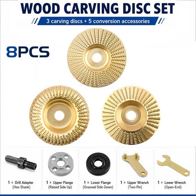 8-Piece Angle Grinder Polishing Pad Set, Conversion Accessories, Carving Discs, 2026 Upgrade Wood Carving Grinding Wheel Kit, Carbide Wheels for Woodworking Tool Set
