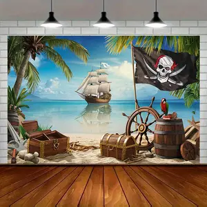 Tropical Pirate Theme Backdrop, Caribbean Island Adventure Party Banner, Summer Beach Wall Decor Tapestry, Kids Birthday Photography Prop