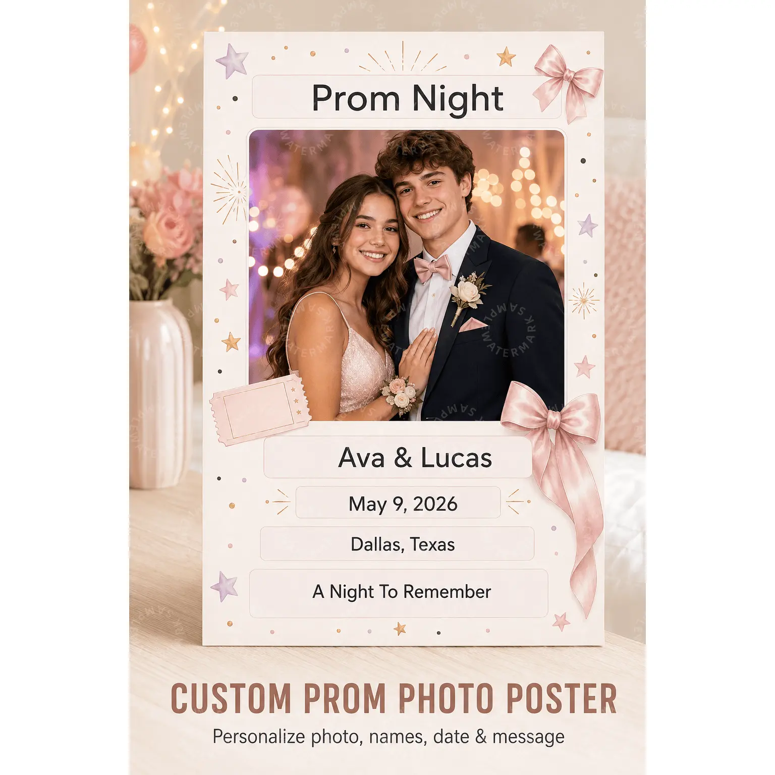 Custom Prom Photo Poster, Personalized Prom Night Wall Art, Pink Bow Star Decor, Couple Keepsake Aesthetic Poster, Teen Bedroom Wall Art, Party Backdrop Decor, Graduation Prom Gift