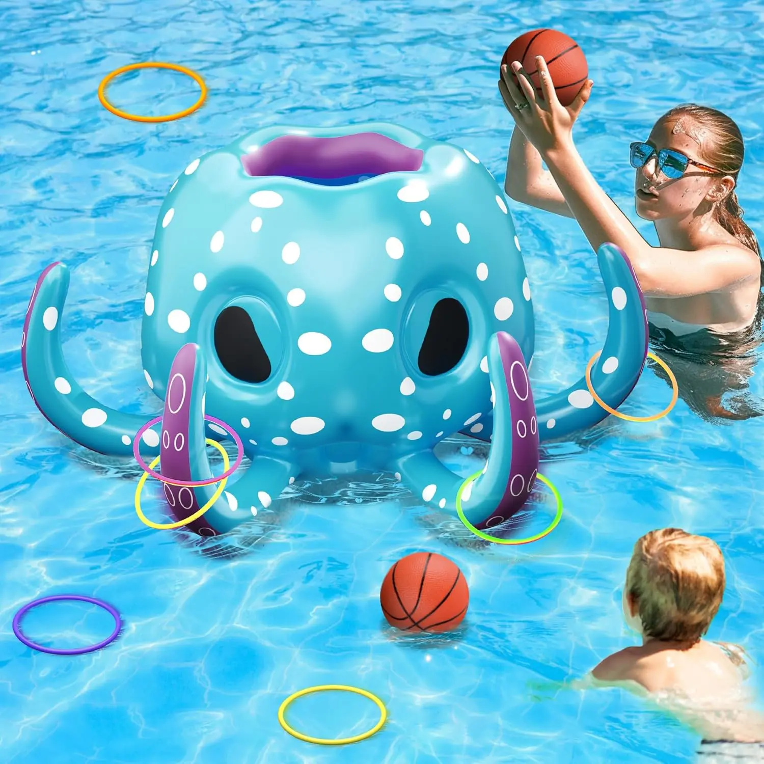 Kids Octopus Pool Toys, 2-in-1 Inflatable Float Pool Game, Basketball Hoop & Ring Toss Game, Outdoor Summer Beach Water Play, Cool Family Party Gift 3 4 5 6 7 8 Year Old Boy Girl Child