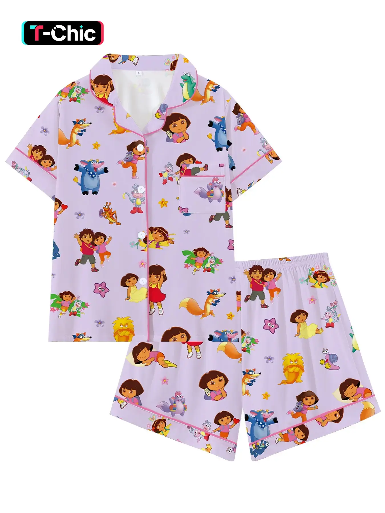 Light Cute Girl Cartoon Pajama Set, Loose-Fitting Short Sleeve Sleepwear, Comfortable for All Seasons, Perfect Gift