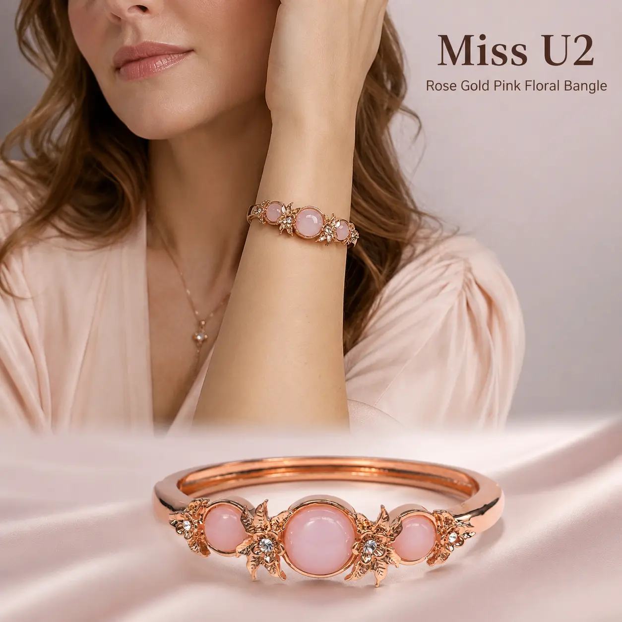 Round Pink Smooth Stone Floral Rose Gold Tone Hinged Bangle Leaf Rhinestone Inlaid Women Wrist Bracelet Romantic Daily Wedding Jewelry Gift For Her