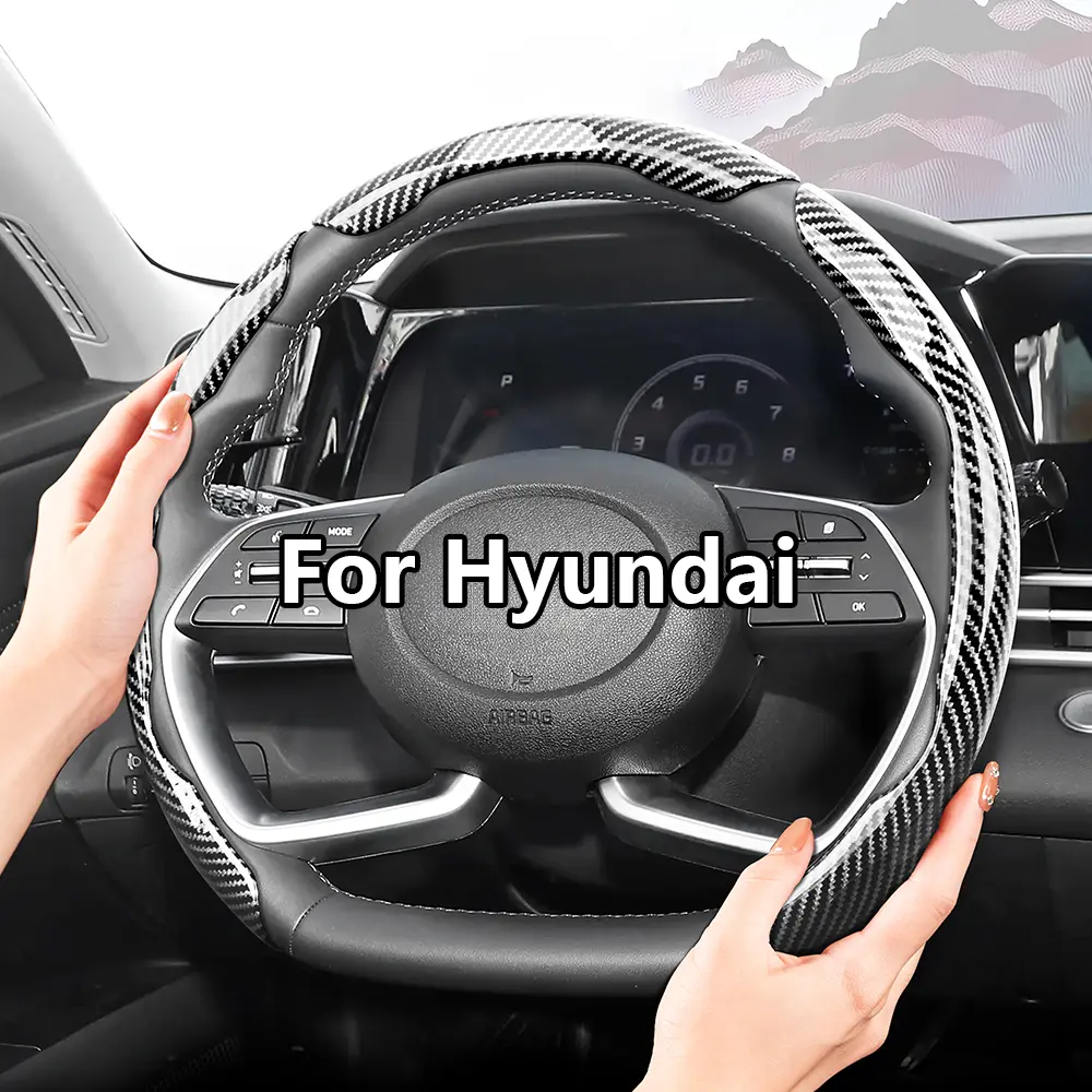 For Hyundai Carbon Fiber Texture Gloss Steering Wheel Cover Anti-Slip Segmented Snap-On Quick-Install For Tucson/Elantra/Avante/i30 Sedan/Alcazar/Grand Creta/Kona/Kauai/Santa Fe/Grand i10/Xcent/Aura/Venue/i20/Sonata/Palisade/HB20/Accent/Verna/Ioniq 5