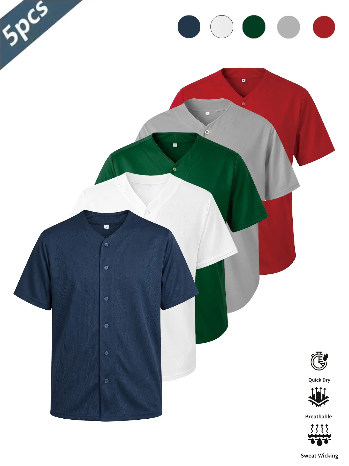 Unisex Blank Baseball Jersey 5Pcs Solid Color Short Sleeve Button Up Sweat Wicking Athletic Team Shirt for Men Women Daily Wear