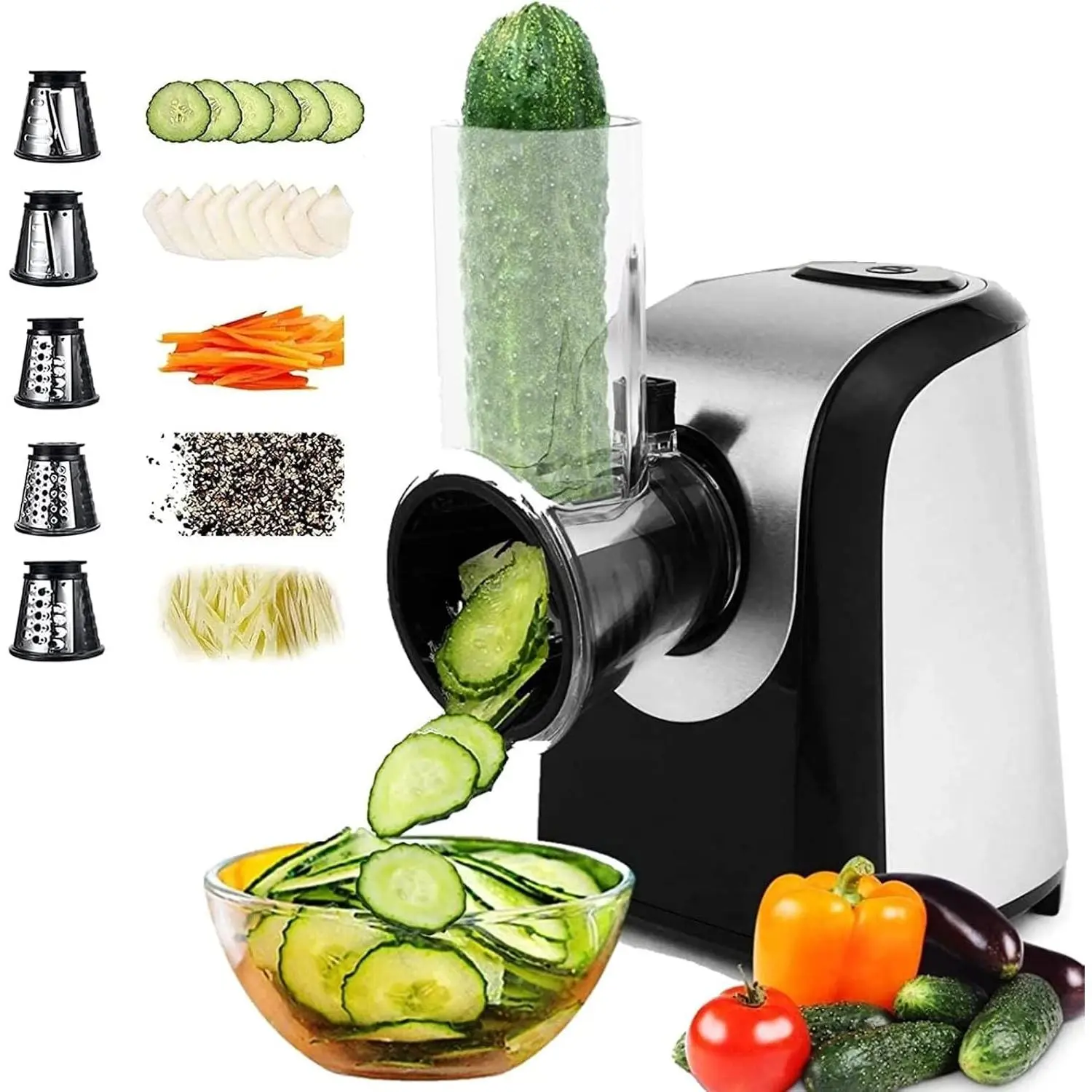 150W 5-In-1 Electric Cheese Grater Slicer Shredder Salad Shooter - Automatic Kitchen Tool with 5 Stainless Steel Blades, Detachable Plastic BPA-Free Parts for Cheese, Carrots, Cabbage, Nuts (Home Use)