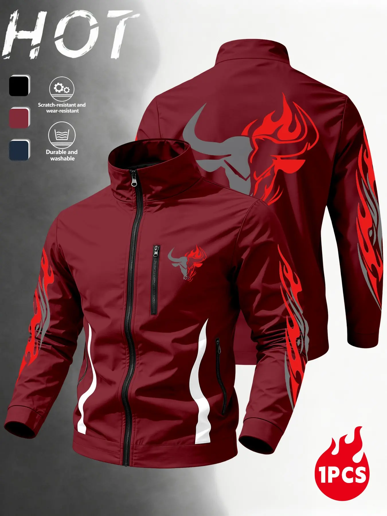 Men's Lapel Collar Flame Bull Print Jacket, Wind-Resistant Long Sleeve Outerwear, Spring Fall Casual Zippered Pockets, Windproof And Stylish