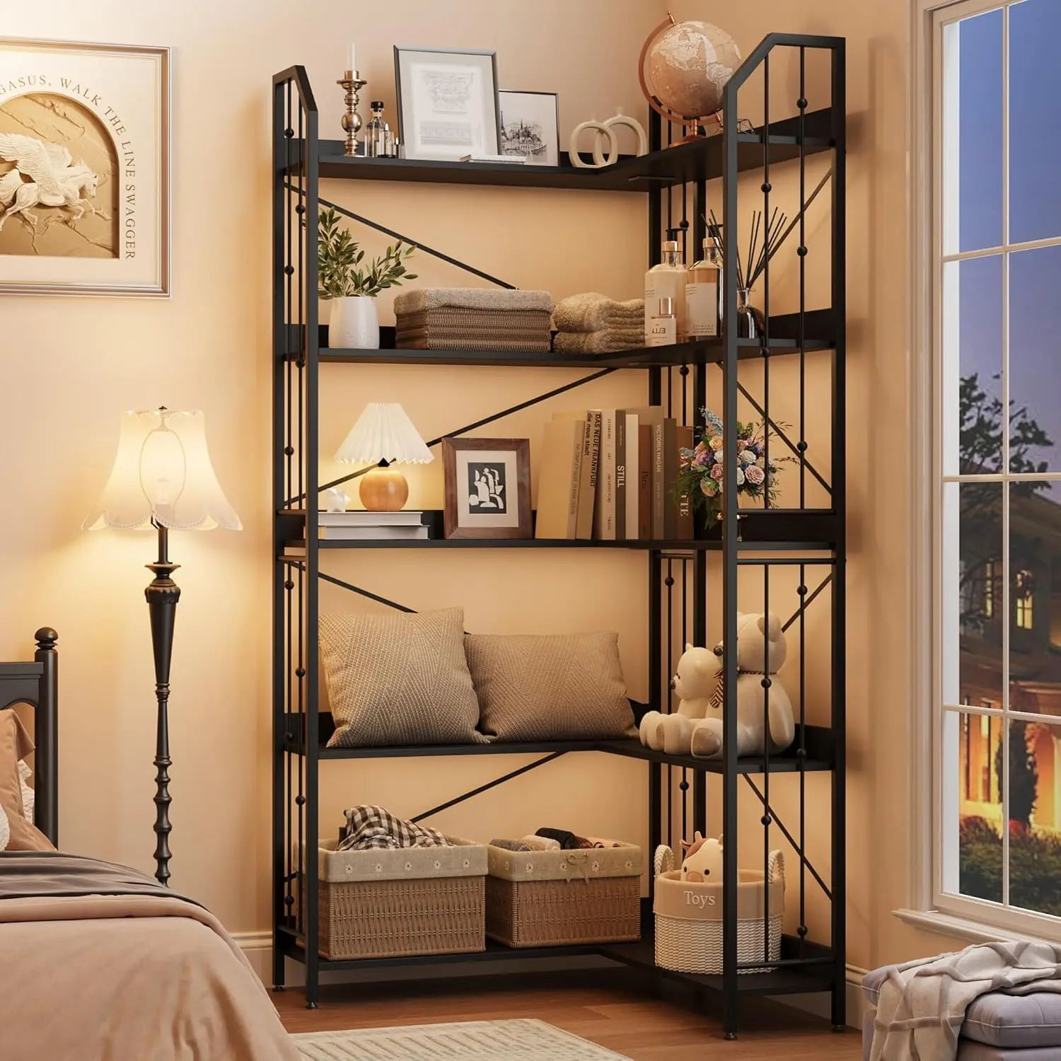 GARVEE 72" Tall Industrial L-Shaped Corner Bookshelf, 5-Tier Beaded Design Metal Frame Corner Display Shelf with Adjustable ft for Living Room, Home Library, Bookworm Lifestyle, Collectibles Storage - Contemporary