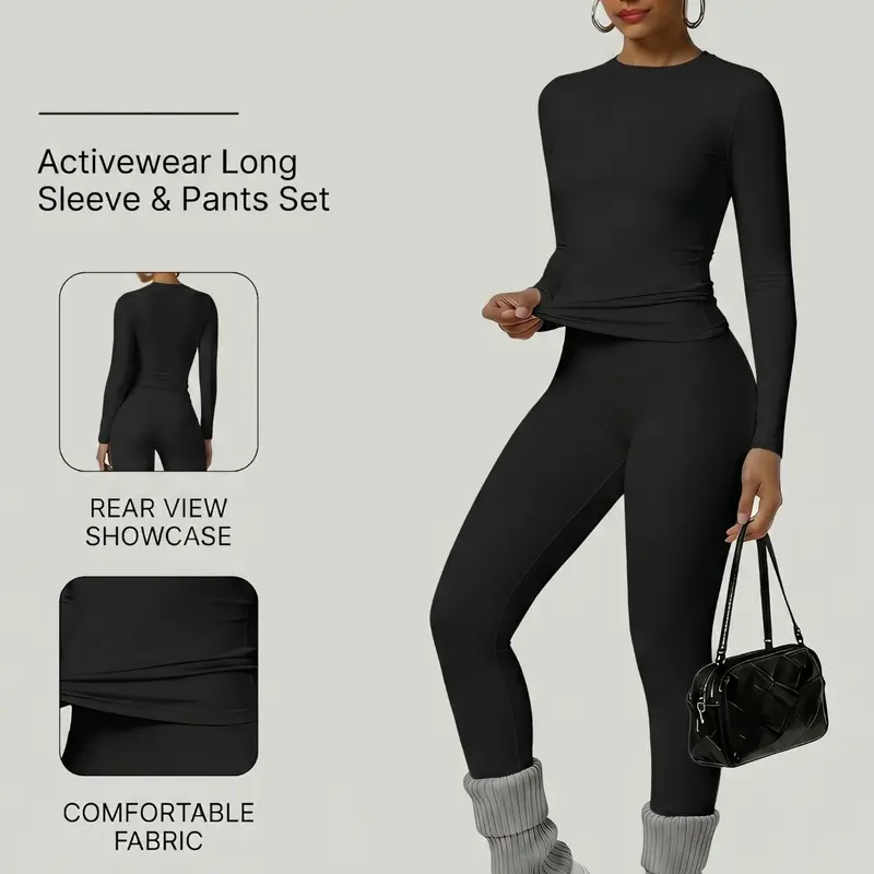 Women's Two-Piece Set Long Sleeve Top and Pants, Comfortable Round Neck T-Shirt + High Waist Slimming Leggings, Fall & Winter Casual Wear, Casual Everyday Set