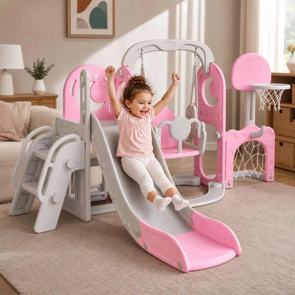 5 in 1 Kids Slide and Swing Set - Toddler Playground Playset with Basketball Hoop, Soccer Goal, Ring Toss, Anti-Slip Climber Stairs for Indoor Outdoor Backyard