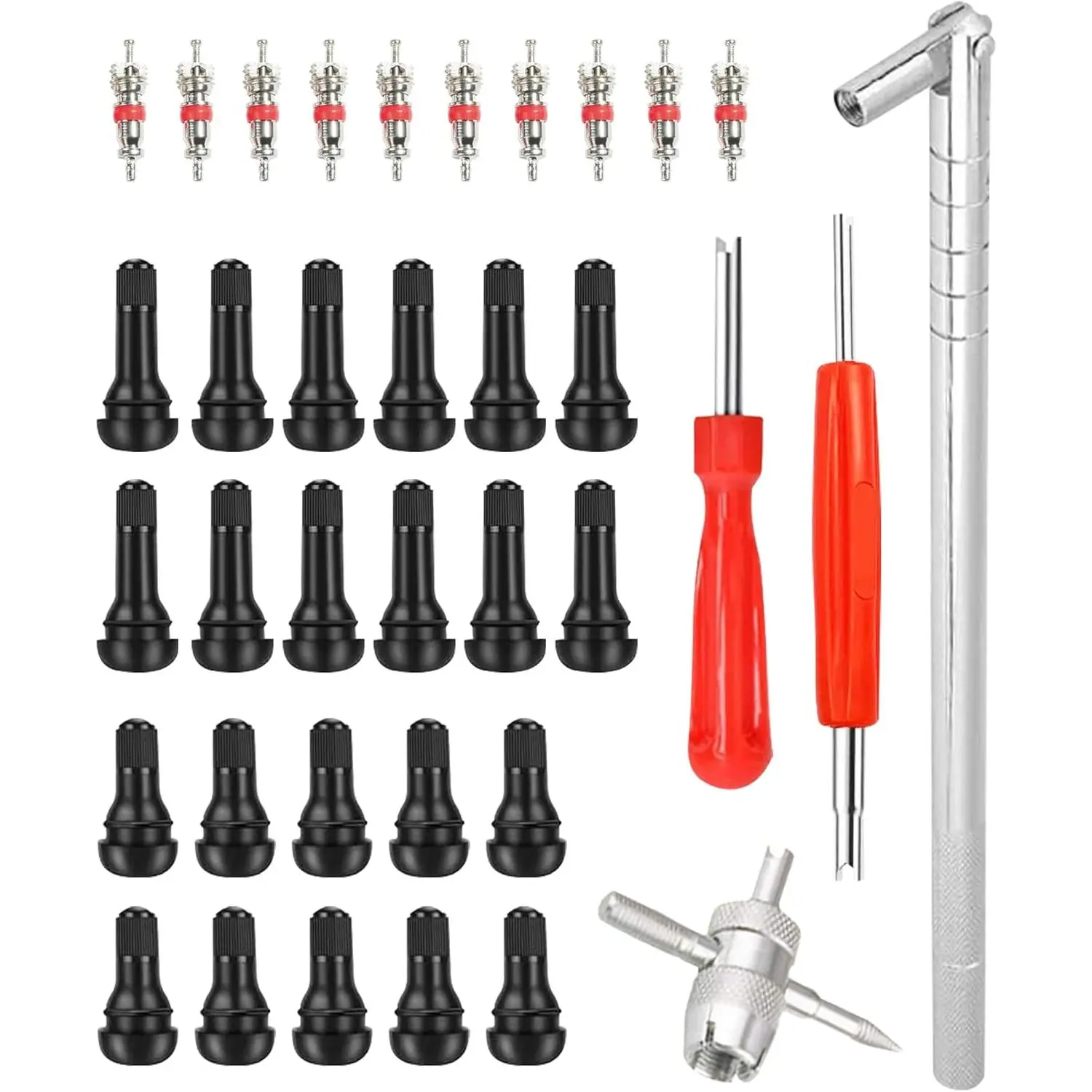 AOCISKA Tire Valve Stem Puller Tools Set,Includes Valve Stem Cores,4 Way Valve Core Remover,Single Head Tire Valve Core Remover,Valve Stem Installer, Tire Repair Schrader Valve Tool