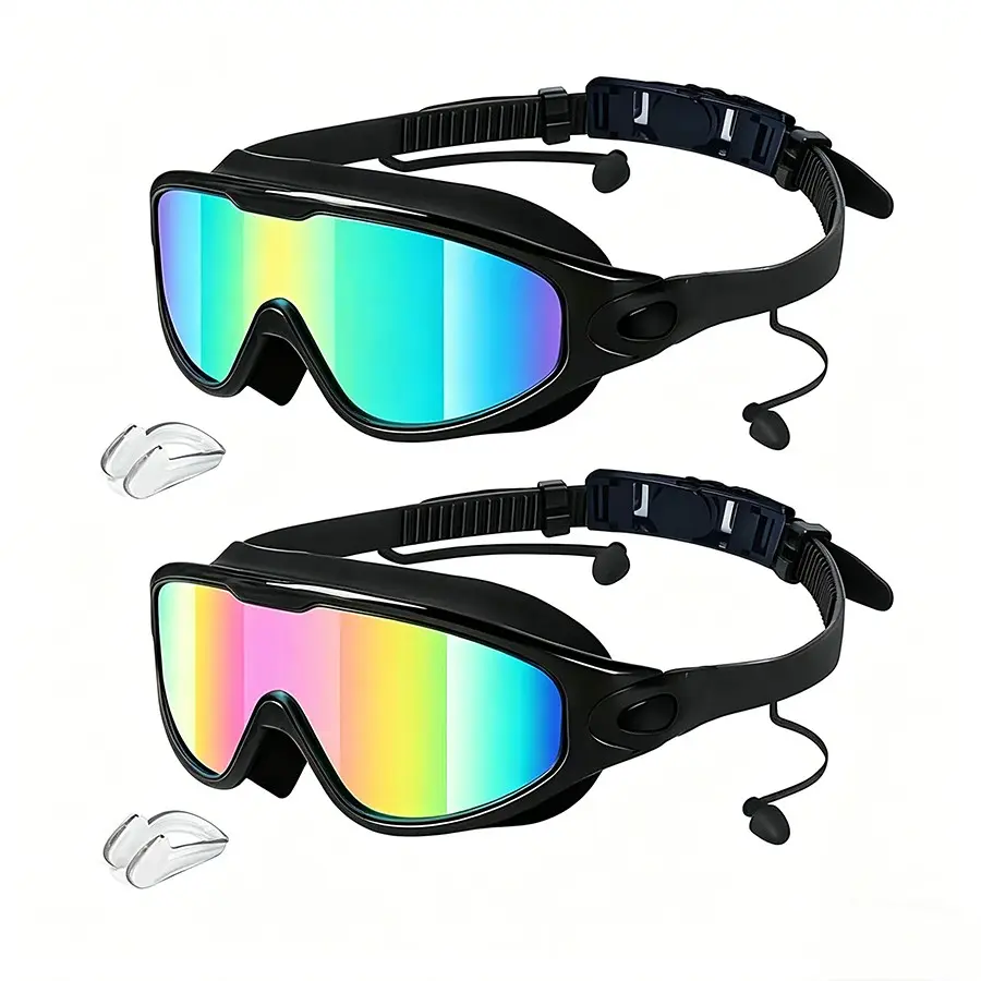Adult and Kids Swimming Goggles, 2-Pack, Large Frame Wide Vision, HD Anti-Fog, Leak-Proof, UV Lenses, Outdoor and Water Sports, Swimming Goggles Set, Leakproof Swimming Glasses