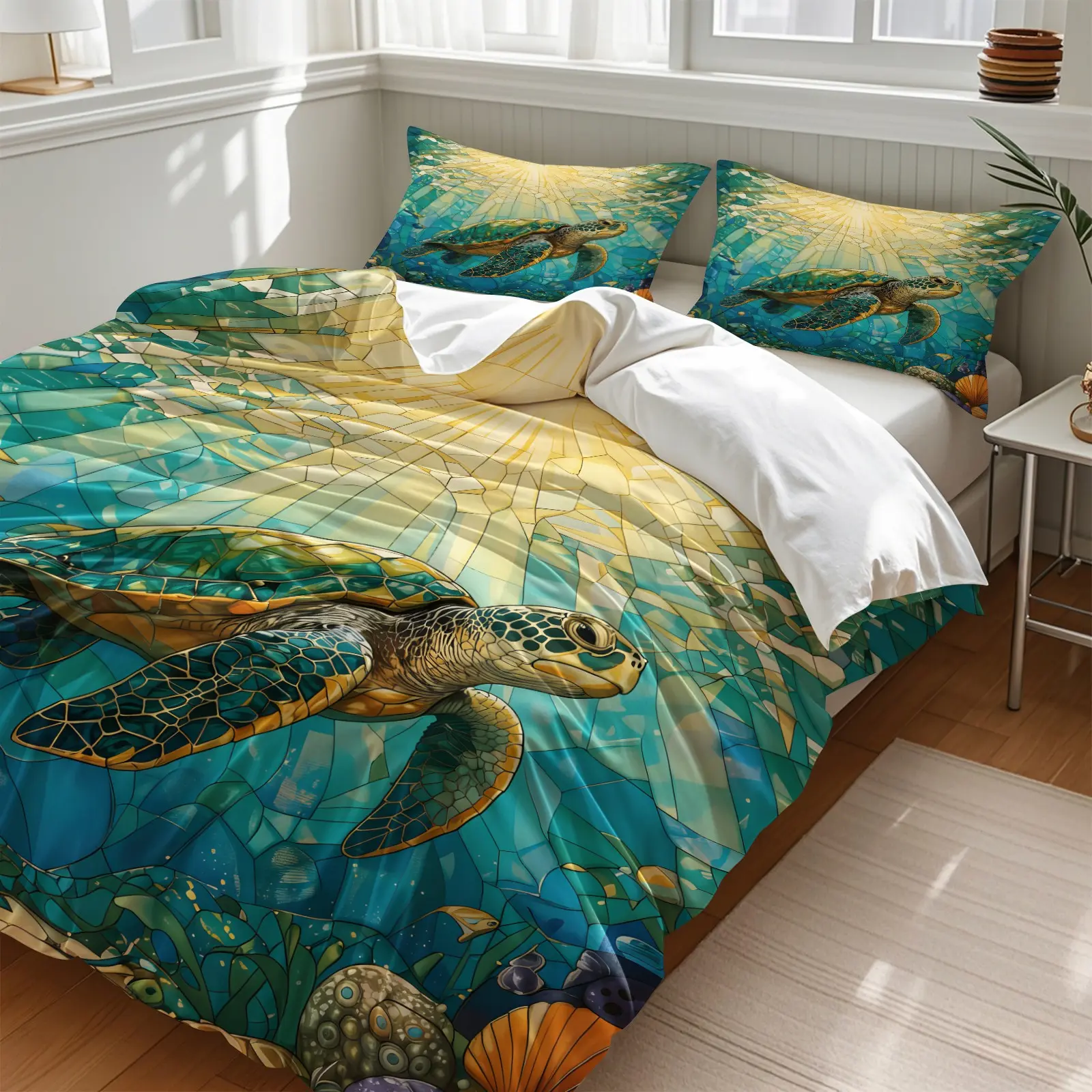 3PCS Stained Glass Mosaic Sea Turtle Duvet Cover Set, Comfy Bedding Set (1 Duvet Cover + 1-2 Pillowcases), Soft Cozy Bedding, Underwater Ocean Marine Life HD Digital Print, Perfect for Ocean-Themed Boys Bedroom Home Decor