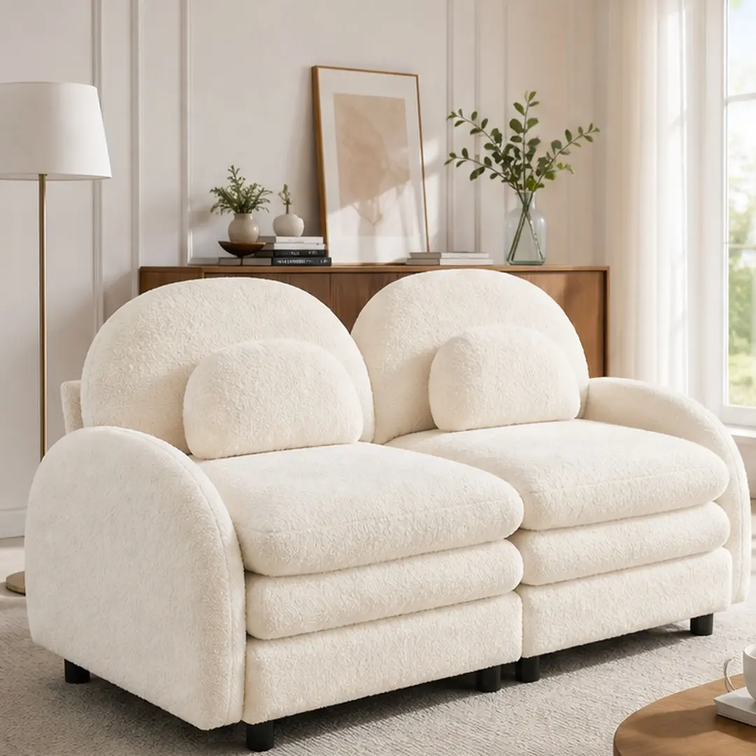 ARCH Teddy Fabric Cloud-Like Loveseat Sofa 2 Seater Couch with Curved Backrest Armrest Lumbar Pillows Double-Layer Cushion Modular Living Room Furniture Beige White, Beige White Color Options, Teddy Material, 2 Seat Seat Count, Product Dimensions: