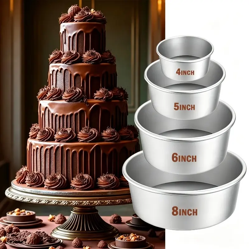 4-Piece Set 4 5 6 8 Inch Round Cake Pans - Fixed Base, Non-Stick Aluminum Cake Molds, Oven Bakeware, Suitable for Cheesecake, Layered Wedding Cakes, Baking Molds for DIY Use at Weddings, Valentine's Day, Birthdays, and Christmas Family