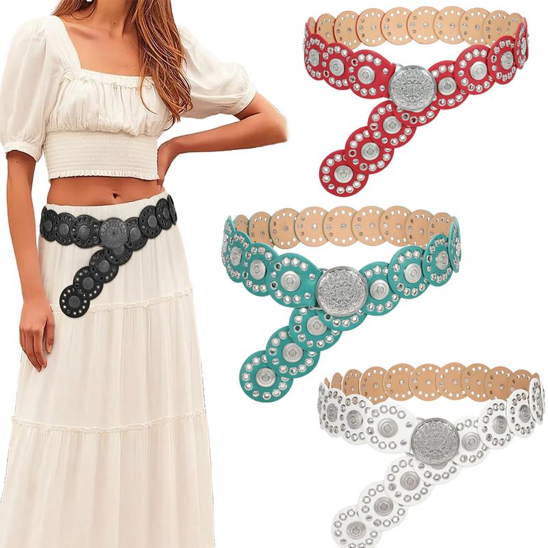 XZQTIVE Western Belts for Women Vintage Disc Waist Belts Concho Leather Belts Boho Waist Belt for Dress Jeans, Bronze Black