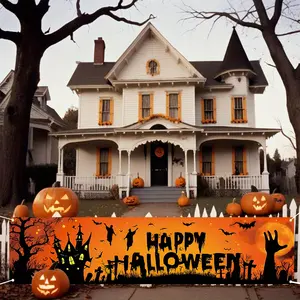 2D Flat, 1pc, 2D Flat Halloween Banner, 180cm * 40cm/70.8in * 15.7in, Material, Halloween Happy Orange Background Banner Decoration Banner, Tree, , Hand, Cross Theme, Suitable for Outdoor Halloween Banner Decoration, 2D Flat