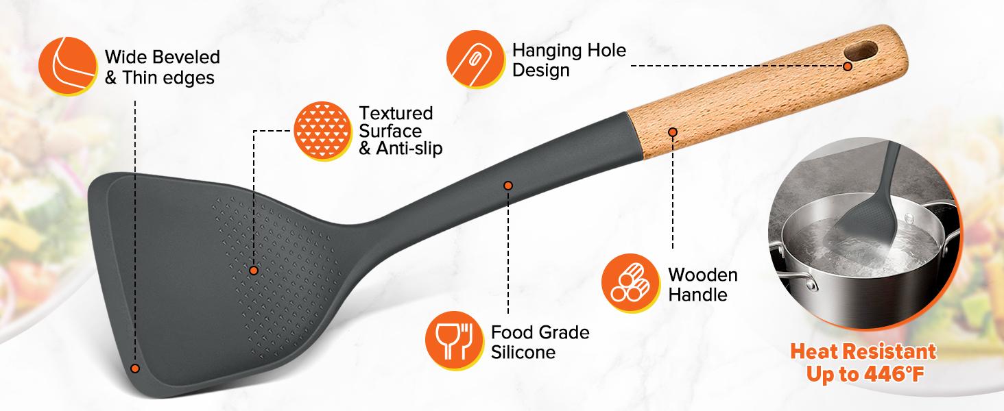 Silicone Cooking Utensils Set, Perfectly Angled for Frying, Mixing,Serving,Draining,Turning and Stirring, BPA-Free Matte Silicone, Wood Handles, Safe for Nonstick Cooking Surfaces,4 Pack (Grey)