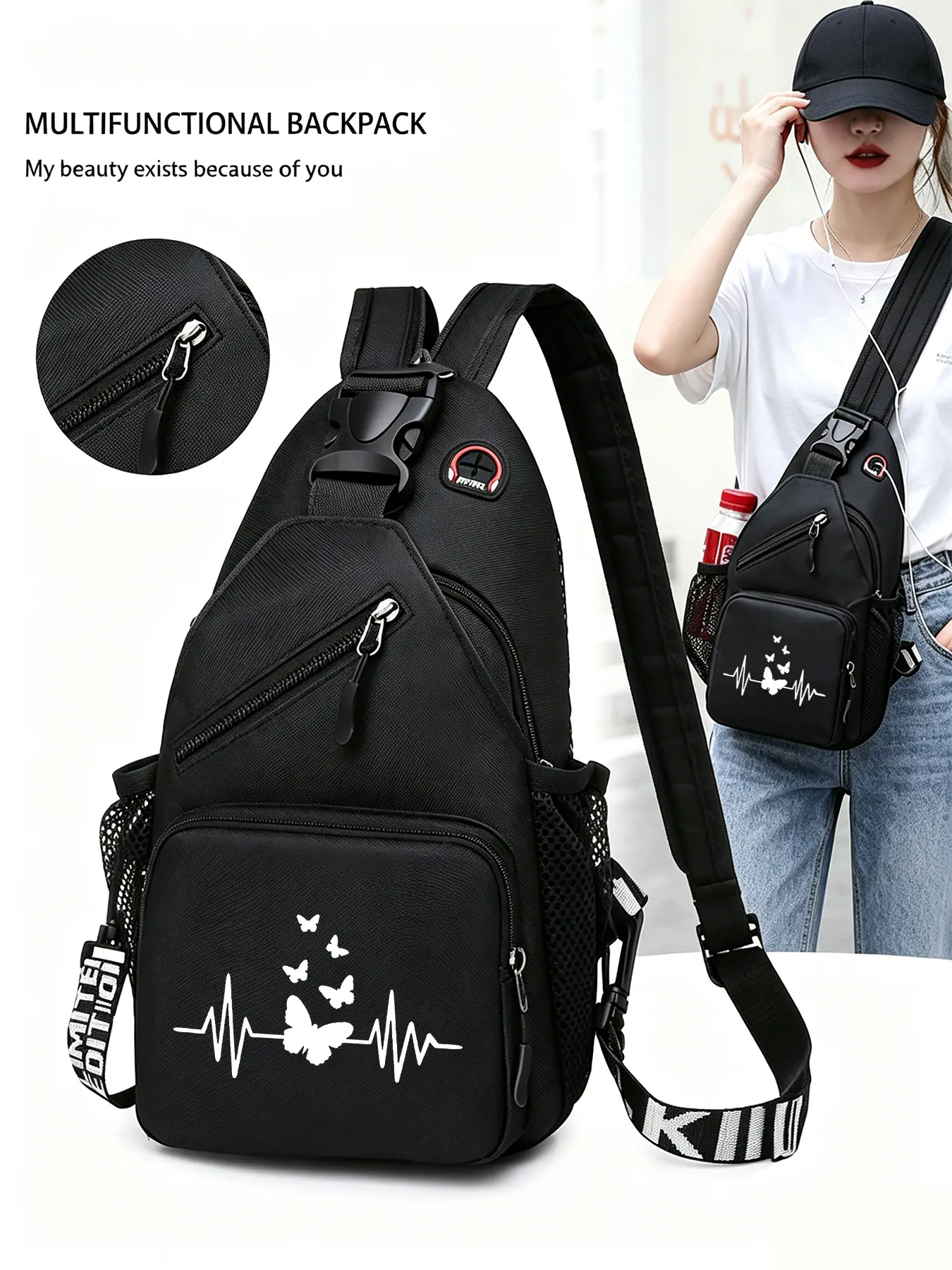 Butterfly Patterned Convertible Casual Crossbody Bag/backpack, Multi-functional Chest Bag with Convertible Zippered Shoulder Strap, Multiple Pockets, Suitable for Travel, Sports, and Daily Commuting